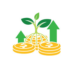 investment icon. stack of dollar coins with a plant on top and an up arrow. economy, business, accounting. flat design style
