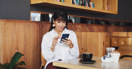 Business woman, phone and reading in coffee shop for break, social media and notification. Freelancer, research and tech with internet for meeting, website or review in cafe for project proposal
