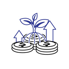 investment icon. stack of dollar coins with a plant on top and an up arrow. economy, business, accounting. outline design style