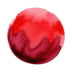 An isolated, abstract watercolor circle in deep red, crimson, burgundy, with visible brush strokes, translucent layers, and organic edges, on a transparent background. Elegant abstract art concept.
