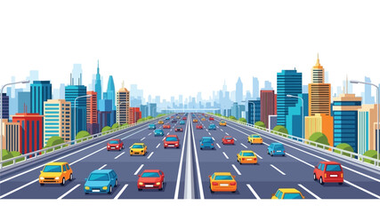 A bustling city highway filled with colorful cars and towering buildings © akbar