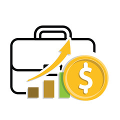 Finance icon. Briefcase with dollar coins and an upward graph. Economy, business, accounting. mixed design style.