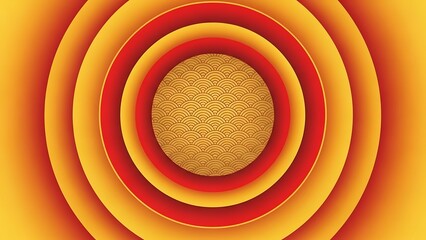 Vibrant concentric circles with wave pattern in gold and red hues on gradient background