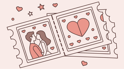Romantic couple sharing tender kiss on vintage ticket stubs with hearts