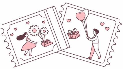 Couple celebrating love with gifts and heart balloons on tickets