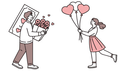 Man surprises woman with flowers and heart balloons on romantic date