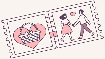 Romantic couple's picnic date with heart and basket