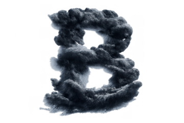 Dark cloud letter b forming on transparent background, smoke alphabet font element for weather and storm concepts