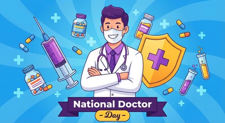Smiling doctor celebrating National Doctor's Day with medical symbols