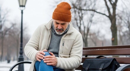 Worried man sitting on a bench in winter experiencing knee pain, dressed in orange beanie, cream jacket, and jeans with a black bag beside him in a snow covered outdoor setting.