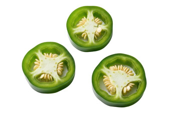 Three vibrant, deep green jalape&ntilde;o pepper slices, circular cross-sections revealing pale white pulp and light beige seeds, on a transparent background with copy space, concept of fresh culinary