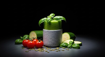 Zucchini puree in a ceramic cup surrounded by tomatoes, basil leaves, and seeds, presented against a dark, elegant backdrop for a healthy culinary experience.