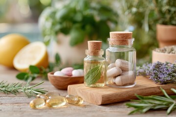 Tranquil Natural Ingredients for Wellness with Essential Oils, Herbal Capsules, Fresh Herbs, and Citrus Fruits in a Serene Settings for Healthy Living