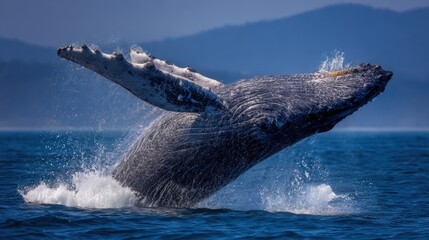 Fototapeta premium Majestic Whale Breaches Ocean Surface, Showcasing Marine Life and Splashes in a Vibrant Blue Setting, Ideal for Wildlife Conservation Efforts