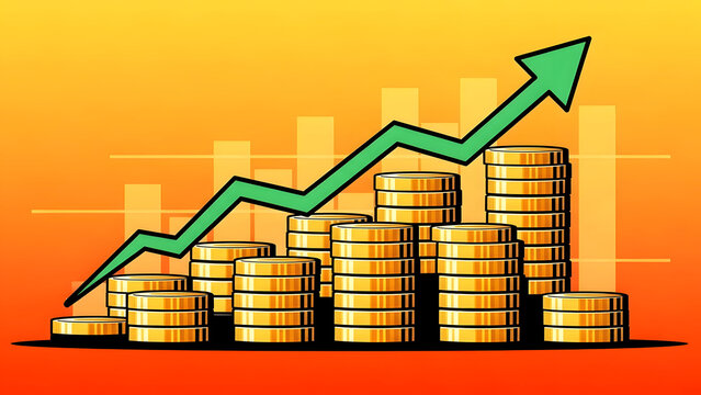tall stacks of gold coins paired with a rising financial arrow graph representing economic growth investment success and monetary profit wealth