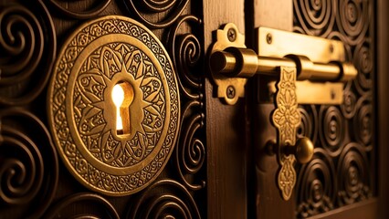 Intricate door with golden lock and keyhole during Ramadan evening, ornate metalwork, and mysterious shadows