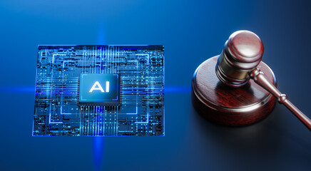 Artificial Intelligence AI and Legal Systems: Judge's Gavel Hammer as a Symbol of Law and Order with Processor CPU AI Chip