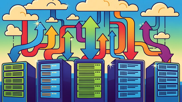 organized server racks within a digital data center showcasing upward upload arrows symbolizing cloud storage transfer and global connectivity. - Powered by Adobe
