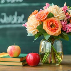 Vibrant Flower Bouquet with Apples on Books