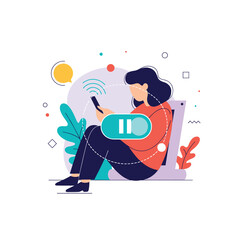 Young woman taking a digital detox break from technology while holding a smartphone with a large pause symbol on the screen.