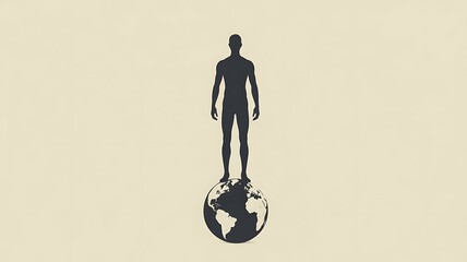 A dark silhouette of a standing man is prominently positioned atop a recognizable world globe