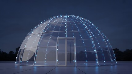 A grand glass dome building stands illuminated by many tiny blue lights on a dark evening