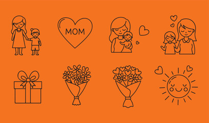 Love, Family, and Gift Line Icons Set on Orange Background