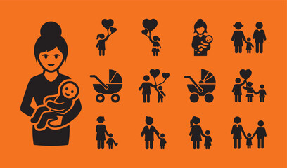 Motherhood, Family, and Parenting Silhouette Icons on Orange Background