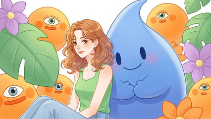 Cute young woman and big blue water drop character in a sunny magic garden: Design for eco-friendly branding, mobile game marketing, and children's educational content.