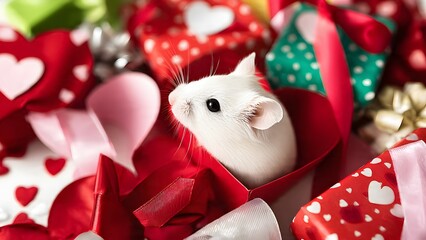 Cute hamster curiously peeking out from a festively decorated exercise wheel featuring heart motifs, encircled by miniature wrapped gifts and silky ribbons in a macro close-up with dreamy bokeh effect