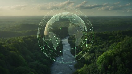 A luminous digital Earth globe with a network grid floats above a verdant river landscape