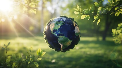 A lush moss covered Earth globe floats amidst a sunlit green forest with bright light and green foliage