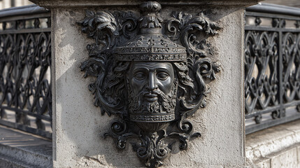 An antique sculpture, a weathered ornate face decorates a stone pillar
