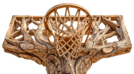 Wooden basketball hoop tree trunk backboard carved wood net nature sports fusion rustic design fantasy sculpture surreal artwork outdoor court concept eco art organic texture, isolated