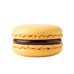 A single, perfectly crafted pale apricot-yellow macaron with frilled 'feet' and dark chocolate ganache filling, against a transparent studio background. Concept of gourmet dessert