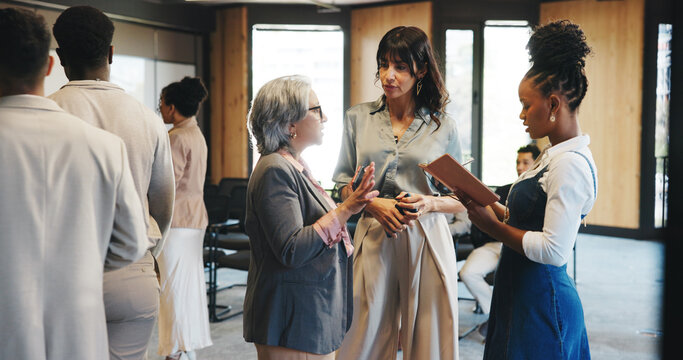 Talking, networking and business people at seminar, feedback and intro with media conference. Publishing industry, event review or advice in meeting, discussion and information for creative expo