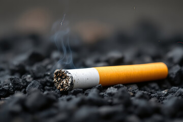 Smoldering Cigarette with Ash and Smoke on Dark Textured Ground for Anti Smoking and Health Campaigns