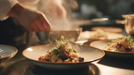 A chef preparing and presenting a culinary masterpiece with steam rising