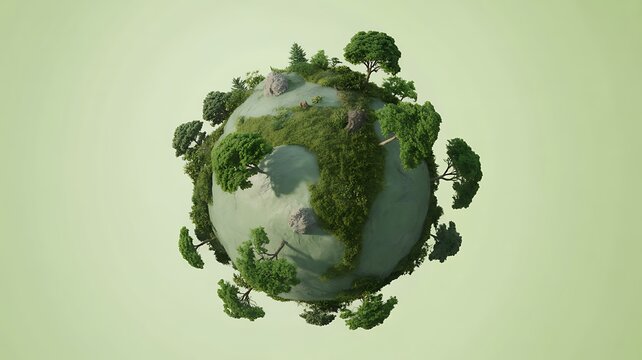 A verdant miniature planet covered with green trees and varied terrain floats in isolation