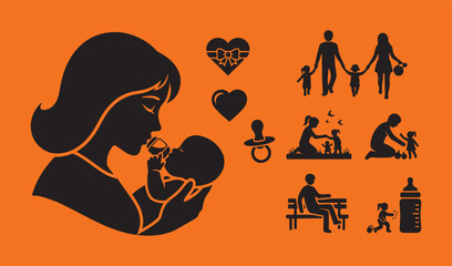 Motherhood, Family, and Parenting Silhouette Icons on Orange Background