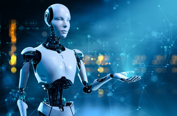 Futuristic Robot Hand Gesturing and Presenting Empty Space on Digital Background