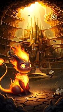 Guardian of the Hive: Magical Fire Monster Standing Before a Golden Honeycomb Castle.