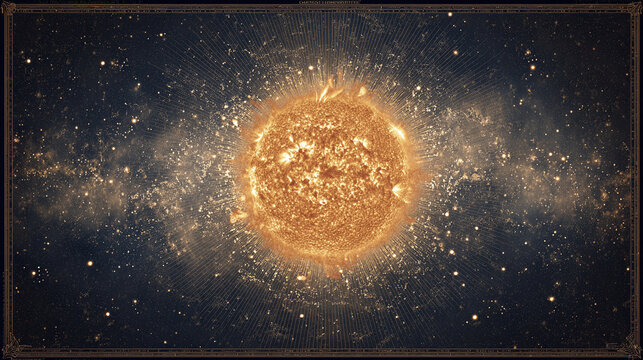 The radiant sun blazing brightly in the vast expanse of space, surrounded by countless stars