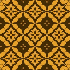 Geometric floral pattern with repeating shapes in warm yellow and dark brown tones