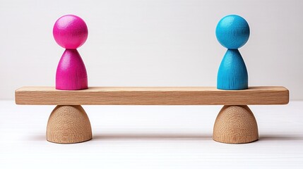Pink and blue wooden figures on a seesaw