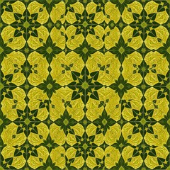 Intricate yellow floral patterns with dark green leaf elements create a seamless geometric background