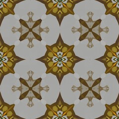 Repeating geometric pattern with star and floral motifs in shades of brown and gold