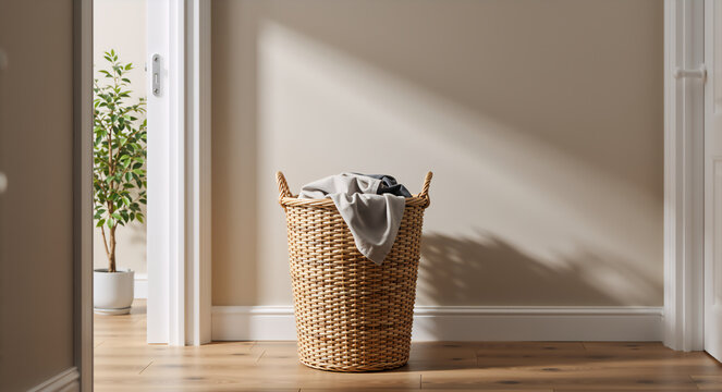 Wicker laundry basket with clothes on a wooden floor. Minimalist home interior with neutral walls and natural light. Domestic organization and laundry day concept