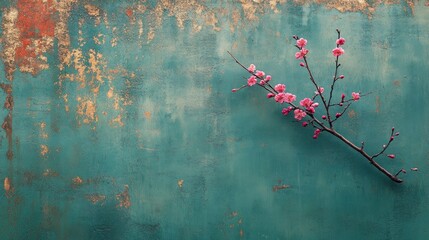 Pink blossoms on teal textured surface