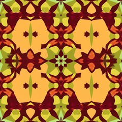 Intricate kaleidoscopic pattern of deep red and orange shapes on a yellow and green background